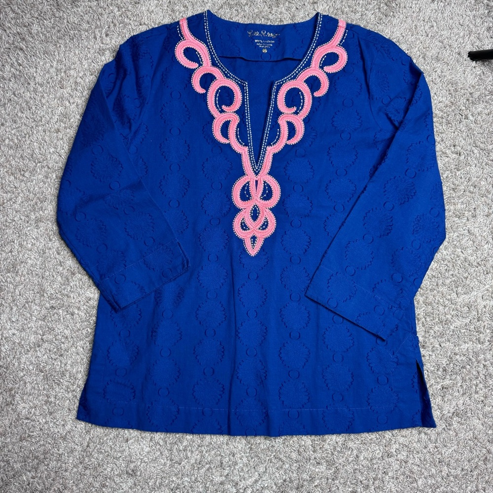 🤩 LILLY PULITZER Tunic. Size S, Bright Navy with Orange trim detail. - Picture 1 of 4